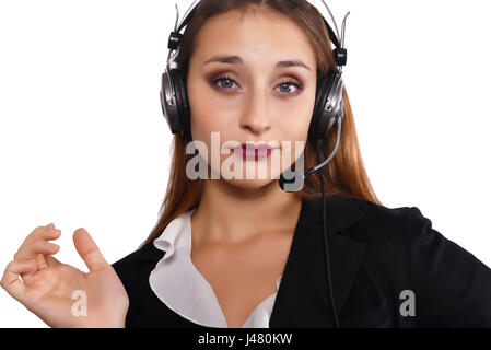 Magnifique Portrait de femme télévendeur. Isolé sur fond blanc. Banque D'Images