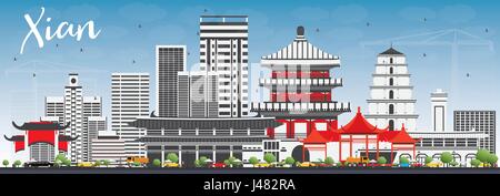Xian avec toits de bâtiments gris et bleu ciel. vector illustration. Les voyages d'affaires et tourisme concept avec l'architecture historique. Illustration de Vecteur