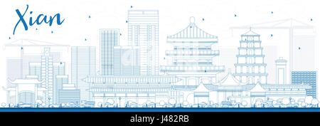Xian contour bleu horizon avec les bâtiments. Vector Illustration. Les voyages d'affaires et tourisme Concept avec l'architecture historique. Illustration de Vecteur
