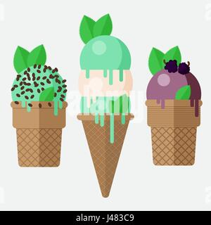 Cornet de crème glacée à la menthe. Glace à la menthe écope en cône avec vanille, chocolat et Blackberry. Mint ice cream cones, vector illustration plate. Glace à la menthe isolés Illustration de Vecteur