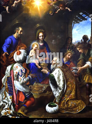 L'Adoration des Rois 1649, Carlo Dolci 1616 - 1686 Italie italien ( Les Trois Rois, dans des robes somptueuses, s'agenouiller devant la Vierge de présenter leurs cadeaux à l'Enfant Jésus sur son genou, qui les bénit en retour. Les dons d'or sont exécutées dans la peinture, en l'or des auréoles de la sainte famille sont en réelle (shell) or, comme c'est le lumière rayonnant à partir de l'enfant Christ.0 Banque D'Images