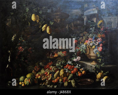 Abraham BRUEGHEL (1631-1697) et Giuseppe Ruoppolo ( ?-1710). Nature morte avec fruits et fleurs, 1680-85. Huile sur toile. Musée national de Capodimonte. Naples. L'Italie. Banque D'Images