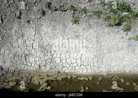 La boue fissuré est exposée sur un fossé de drainage à côté d'un champ sur Somerset Levels comme craintes grandissent pour une sécheresse de l'été, à la suite de l'un des hivers les plus secs au cours des deux dernières décennies. Banque D'Images