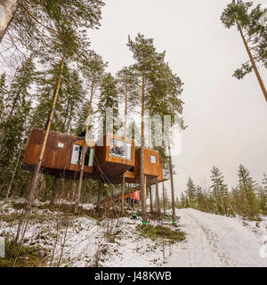 Accommodation dans les bois, connu comme le Dragon voler à l'arbre Hôtel en Laponie, Suède Banque D'Images