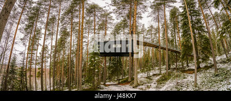 Accommodation dans les bois, connu sous le nom de cabane à l'arbre Hôtel en Laponie, Suède Banque D'Images