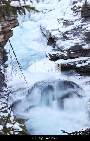 Les chutes Athabasca en hiver, Jasper National Park, Alberta, Canada Banque D'Images