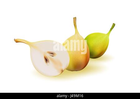 Poire jaune comme source de vitamines et minéraux pour augmenter l'énergie et lutter contre la fatigue et la dépression. Poire et une moitié. Illustration de Vecteur