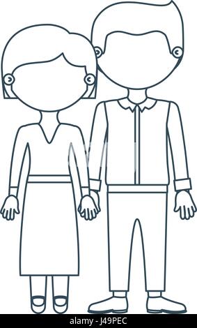 Contour bleu couple sans visage femme Chemisier et jupe avec l'homme en costume officiel et pris les mains Illustration de Vecteur