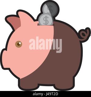 Silhouette colorée de tirelire en forme de cochon avec des pièces de monnaie et la moitié ombre Illustration de Vecteur