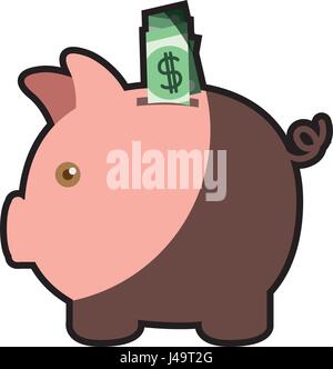 Silhouette colorée de tirelire en forme de cochon avec dollar bill et la moitié ombre Illustration de Vecteur
