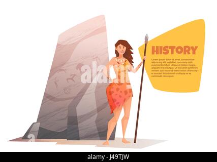 Un gros rocher avec des peintures de roche. Jeune femme tenant une lance. Vector illustration cartoon télévision. Pour le texte de la bulle. Illustration de Vecteur