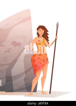 Un gros rocher avec des peintures de roche. Jeune femme tenant une lance. Vector illustration cartoon télévision. Illustration de Vecteur