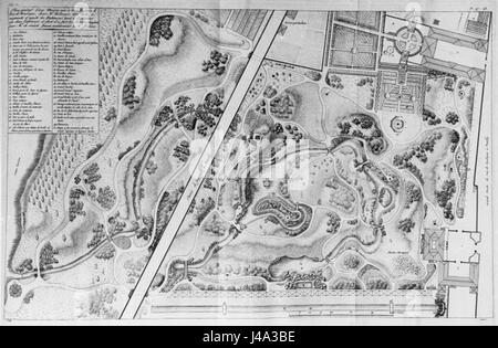 Il s'agit d'une référence à un plan du Parc de la folie Saint James, détaillant l'aménagement et la conception du parc. Le plan représente probablement un jardin historique important ou une structure de parc. Banque D'Images