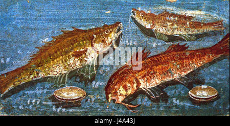 La peinture de natures mortes, « natures mortes avec des poissons », de la Casa dei Casti Amanti à Pompéi, représente une collection de poissons, reflétant l'appréciation romaine antique pour l'art et la vie quotidienne. Banque D'Images