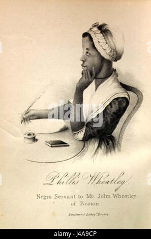 Cette image est la pièce maîtresse de l'édition 1834 des œuvres collectées de Phillis Wheatley. Wheatley est la première femme afro-américaine à publier un livre de poésie, faisant d'elle une figure importante de l'histoire littéraire américaine. Banque D'Images