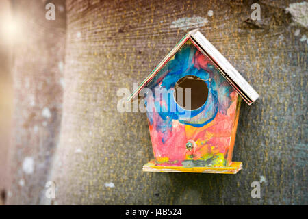 Maison d'oiseau coloré en couleurs enfantin accroché à un arbre dans un jardin au printemps Banque D'Images