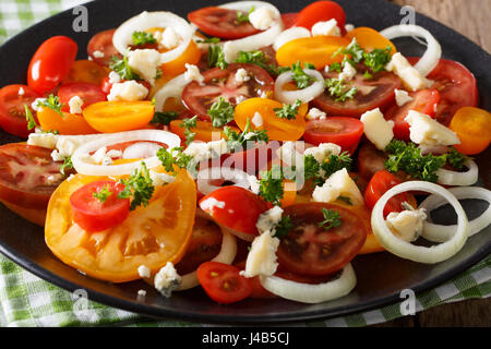 Mélange de salade de tomates, oignons et fromage de Roquefort close-up sur une plaque horizontale. Banque D'Images