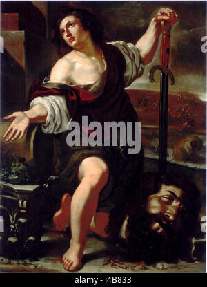 David con la testa di Golia de Pietro Desani est une peinture baroque représentant l'histoire biblique de David tenant la tête coupée de Goliath. C'est une représentation frappante du thème du triomphe sur l'adversité. Banque D'Images