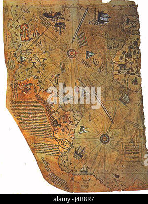 La carte Piri Reis, créée en 1513 par l'amiral ottoman Piri Reis, est une carte du monde qui montre des parties de l'Europe, de l'Afrique et des Amériques. Il est remarquable pour sa représentation détaillée des côtes et son utilisation de sources anciennes. Banque D'Images