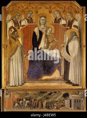 Ceci est une description d'une œuvre de Pietro Lorenzetti, 'Vierge et enfant', exposée dans l'église de San Nicola di Bari à Sienne, en Italie. Le tableau, créé en 1329, comprend des anges et Saint Elia et mesure 171x161 cm. Banque D'Images