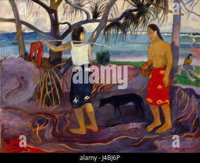 'Raro te Oviri sous les pandanus' est une œuvre remarquable de Paul Gauguin, représentant la vie tahitienne à l'ombre des pandanus. Cette pièce capture l'environnement tropical et la culture indigène dans des couleurs vibrantes. Banque D'Images