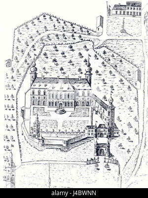 Ce titre fait référence à une ancienne carte ou plan architectural du Château de Trazegnies, situé en Belgique. Le plan met en évidence le plan historique de cet important château. Banque D'Images