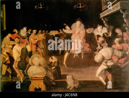 Cette œuvre représente Robert Dudley, un noble anglais, et la reine Elizabeth I d'Angleterre, qui étaient célèbres pour leur proximité. La peinture dépeint leur relation à travers une scène de danse, illustrant le lien étroit et la signification politique de leur lien. Banque D'Images