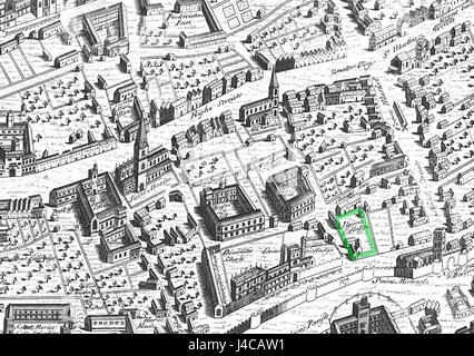 Cette carte, créée par Ralph Agas en 1578, représente la ville d'Oxford, en Angleterre. C'est l'une des premières représentations détaillées de la ville, remarquable pour le marquage de sites clés, y compris des monuments religieux comme les églises, avec une référence spécifique à Jésus. Banque D'Images