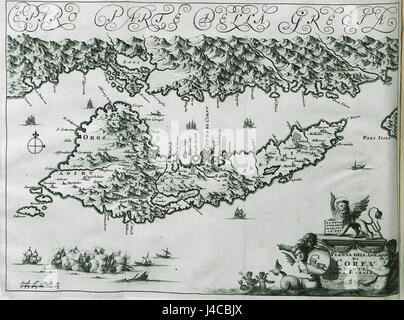 La carte de 1688 de l'île de Corfou et d'une partie de la Grèce, créée par Dapper Olfert, est une œuvre cartographique historique qui illustre la configuration géographique de la région à la fin du XVIIe siècle. Banque D'Images