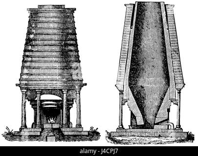 Cette image du PSM V38 D478 montre un haut fourneau français à coke, un élément critique de la révolution industrielle. Les fours à coke ont été utilisés pour la fusion du minerai de fer, marquant un progrès significatif dans la métallurgie et le développement de l'industrie moderne. Banque D'Images
