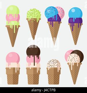 Jeu de Ice cream cone vector illustration plate. Stroberry crème glacée, chocolat et vanille cônes. Blueberry, Glace Pistache crème glacée. Illustration de Vecteur