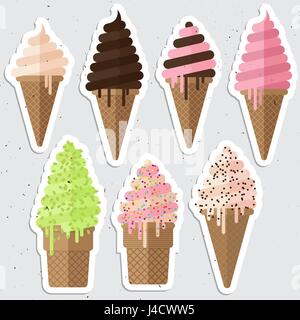 Jeu de Ice cream cone vector illustration plate. Stroberry crème glacée, chocolat et vanille cônes. Blueberry ice cream cone, Glace Pistache. Illustration de Vecteur