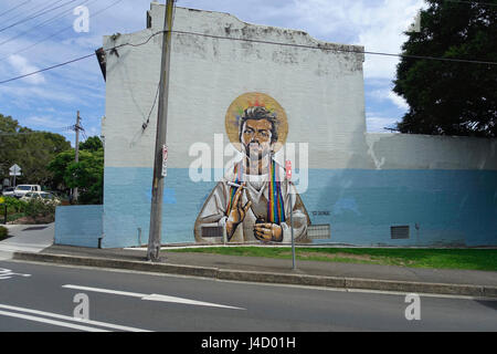 Une fresque peinte dans le centre-ville de banlieue Erskineville, Sydney, NSW, Australie en 2017 représentant la star de la chanson internationale George Michael Banque D'Images