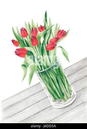 Un bouquet de tulipes dans un vase en verre sur une table. Graphite et crayons de couleur sur papier. Banque D'Images
