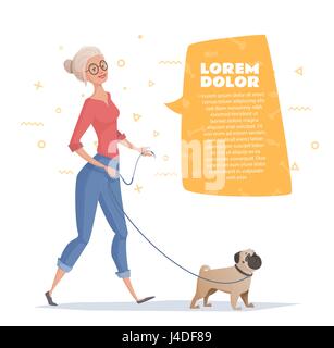 Une femme marche avec un chien Carlin. Femme avec une bulle de texte. Vector illustration pour un magazine, bannière. Illustration de Vecteur