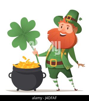Leprechaun avec un pot d'or et trèfle à quatre feuilles et de chance. Illustration pour la Saint-Patrick. Vector illustration. Illustration de Vecteur