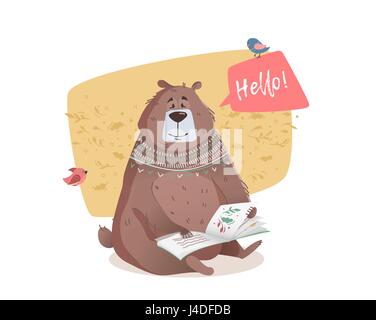 Supporter la lecture d'un livre. Caractère de l'ours pour imprimer sur un T-shirt, dépliant, affiche, couverture, livre, imprimé sur tissu. Vector illustration pour les enfants. Illustration de Vecteur