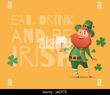 Carte pour la Saint-Patrick avec leprechaun dans un costume. Invitation à un parti irlandais au Pub. Bonne journée. Illustration de Vecteur