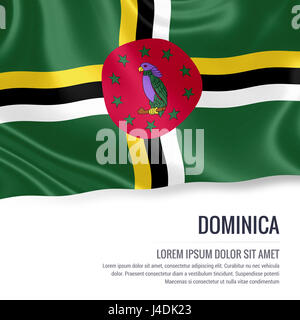 Le drapeau de la Dominique soyeux forme sur un fond blanc avec le texte en blanc pour votre message publicitaire. Le rendu 3D. Banque D'Images