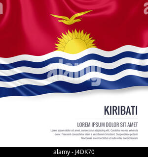 Brandissant le drapeau de Kiribati soyeux sur un fond blanc avec le texte en blanc pour votre message publicitaire. Le rendu 3D. Banque D'Images