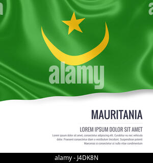 Drapeau de la Mauritanie soyeux forme sur un fond blanc avec le texte en blanc pour votre message publicitaire. Le rendu 3D. Banque D'Images