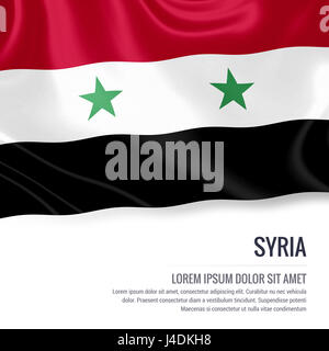 Drapeau de la Syrie soyeux forme sur un fond blanc avec le texte en blanc pour votre message publicitaire. Le rendu 3D. Banque D'Images