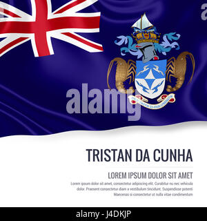 Drapeau soyeux de Tristan da Cunha forme sur un fond blanc avec le texte en blanc pour votre message publicitaire. Le rendu 3D. Banque D'Images