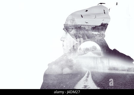 Double exposition de jeunes penser l'homme avec la nature et les oiseaux isolated in front of white background Banque D'Images