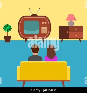 Regarder la télévision. Le couple est assis sur le canapé et regarder un vintage plat (chambre décorée dans le style des années 50). Vieux téléviseur avec une antenne analogique. Vector Illustration de Vecteur