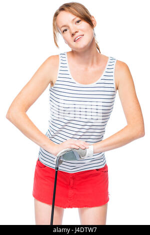 Femme dans la main pour le jeu s'appuie sur club de golf sur fond blanc Banque D'Images