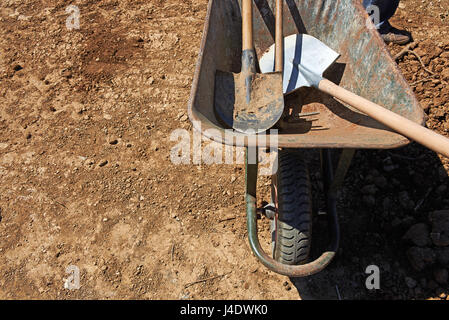 Chariot de jardin avec équipement de jardinage à l'intérieur sur le sol. Banque D'Images