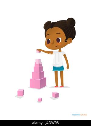 Fille noire vêtus de T-shirt et short bleu et est construit à l'aide de cubes d'empilage rose tour de taille différente. Identification visuelle des plus grands et les plus petits objets. Vector illustration pour la bannière. Illustration de Vecteur