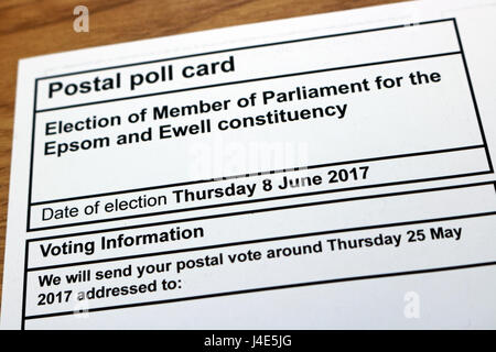 Epsom, Surrey, UK. 12 mai 2017. Sondage postal carte arrive en avance sur Epsom UK Élection générale du 8 juin 2017. Banque D'Images