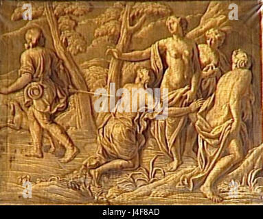 Cette image représente probablement une scène du salon de Diane, illustrant les sujets mythologiques de Diane et Acteon, avec un accent sur leur interaction et leur symbolisme dans la mythologie classique. Banque D'Images